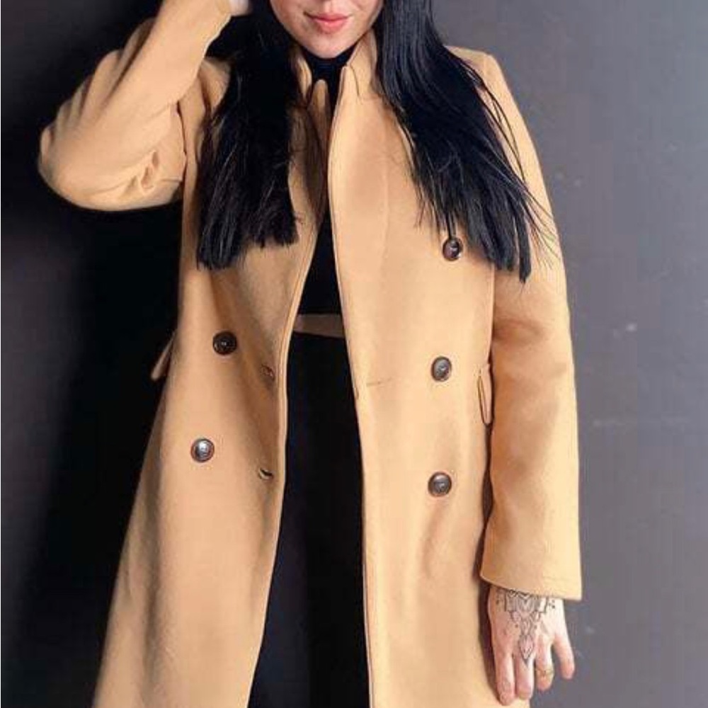 Cozy Camel Tan Button up Double Breast Pea coat Jacket - Picture 7 of 9